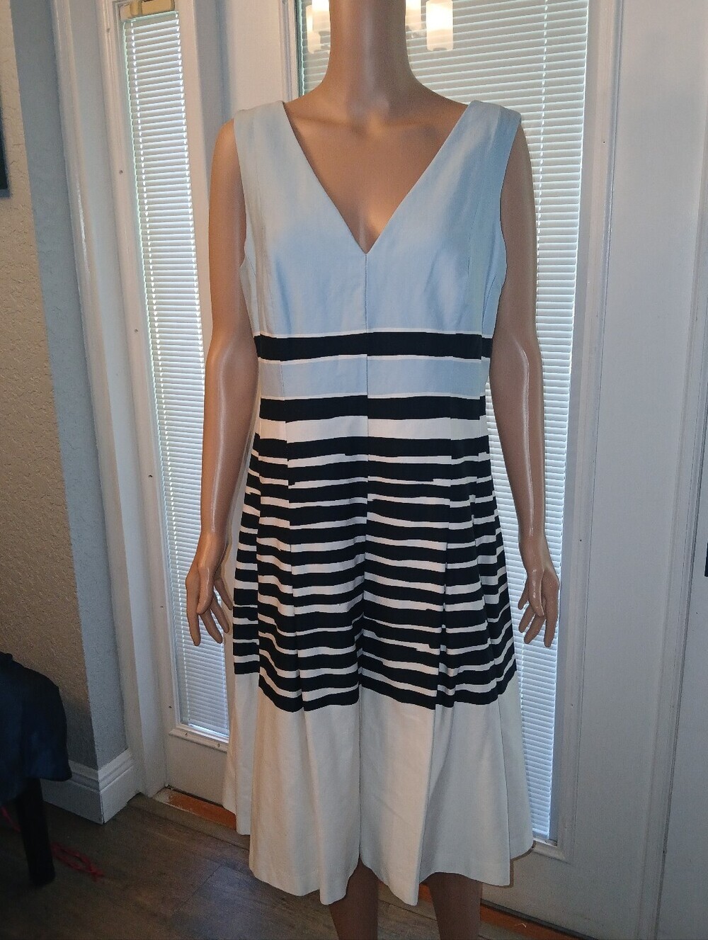 Anne Klein Black and White Striped V-Neck Midi Dress